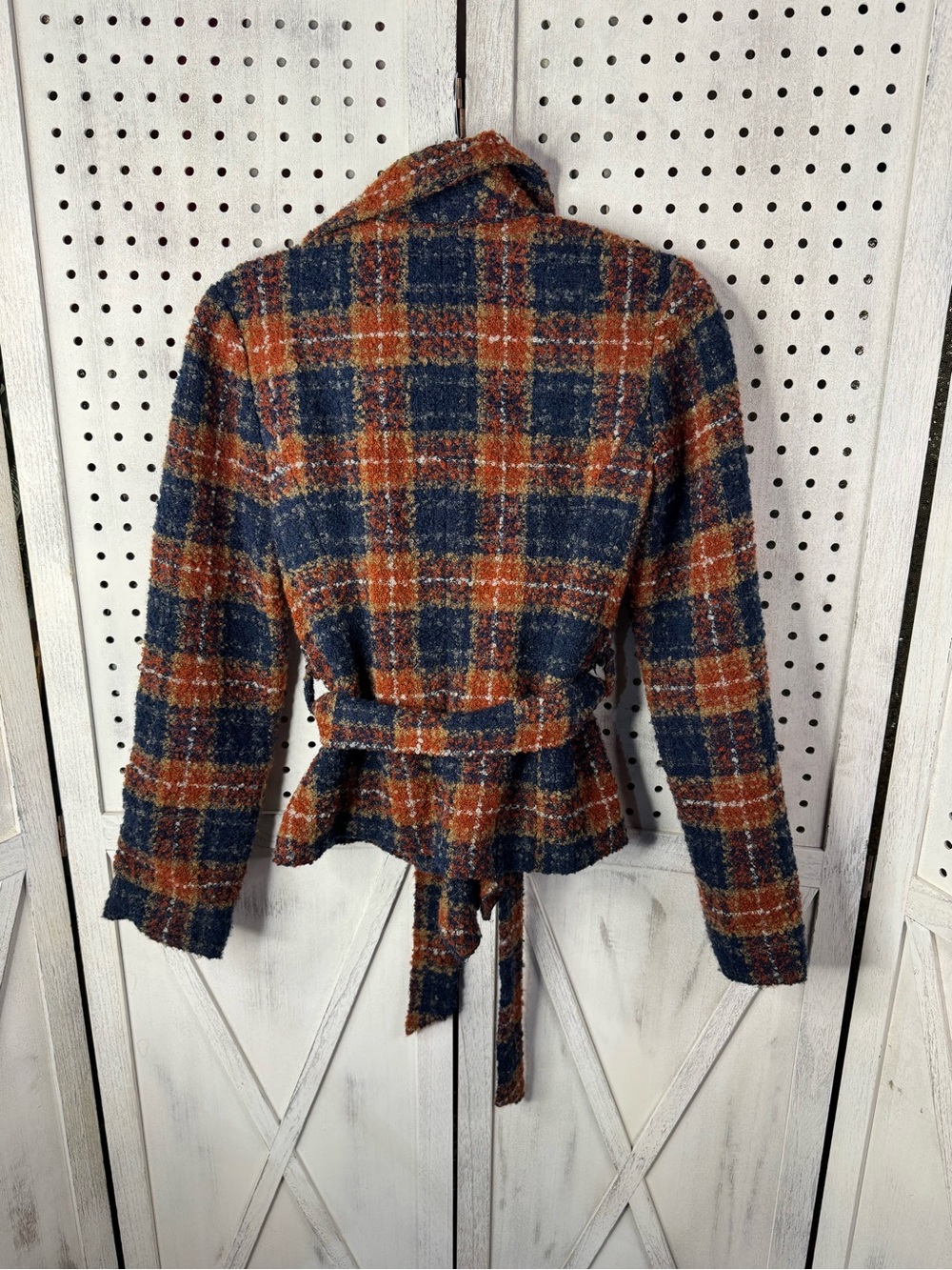 Tabitha Wool Blend Plaid Tie Waist Blazer Jacket Navy Rust Orange Size 6 NWT - Picture 2 of 12
